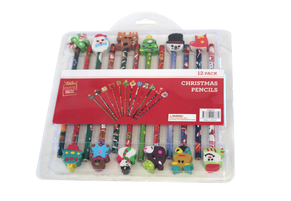 12-Pack Christmas Pencils with Erasers Set - Options for up to Six Sets
