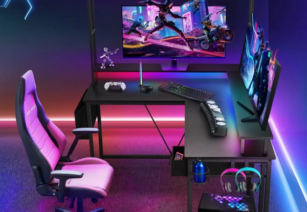 L-Shaped Gaming Desk with LED Lights & Storage