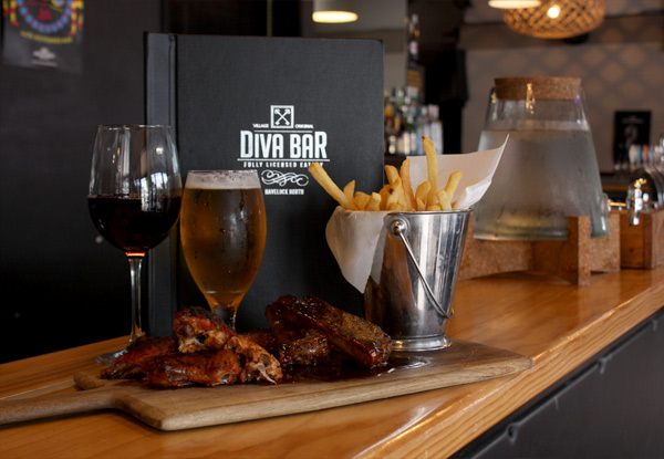 Diva Platter & Two Tap Beers or House Wines