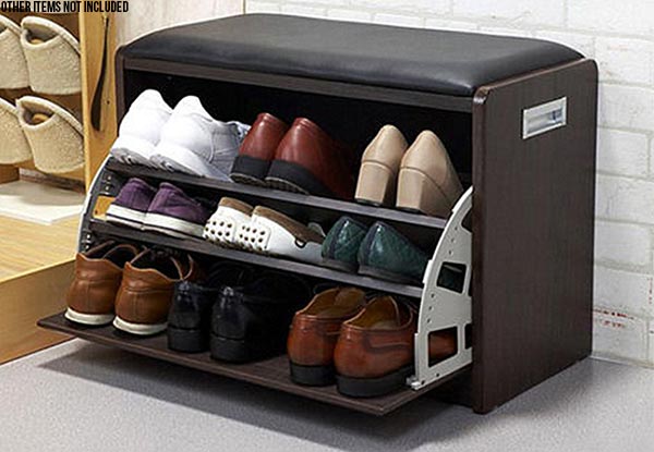 Cushion-Topped Wooden Shoe Storage Cabinet