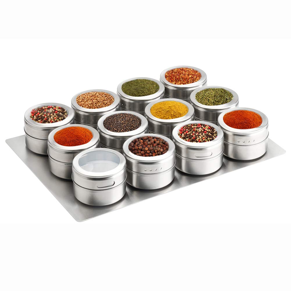 12 Magnetic Stainless Steel Spice Tins Incl. Labelling Stickers