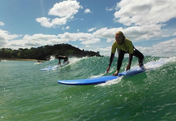 Two-Hour Surf Lesson incl. Board & Wetsuit Hire on Matakana Coast – Tawharanui - Options for Two People