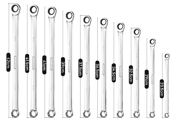 10-Piece Set of Extra Long Double Ring Cr-V Ratchet Spanner 72 Tooth Wrench Tool