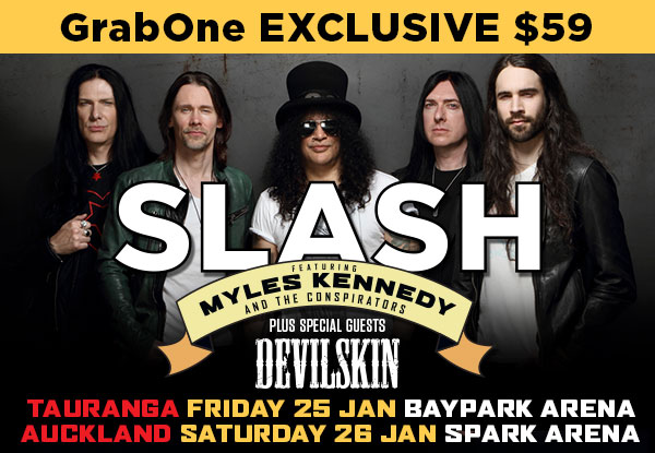 Seated Ticket to See SLASH & His Band Myles Kennedy & The Conspirators & Newly Announced Supporting Act “DEVILSKIN” at Spark Arena, Saturday 26th January 2019 (Booking & Service Fees Apply)
