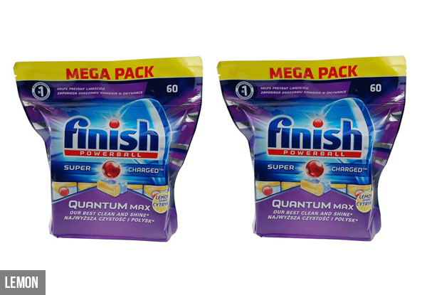 Two Packs of 60 Finish Quantum Max Dishwasher Tablets - Options for Apple or Lemon Flavour