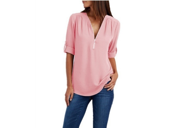 V-Neck, Fold-Up, Long Sleeve, Sheer Top - Six Colours & Seven Sizes Available