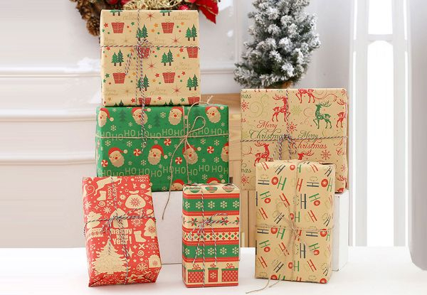 Six-Piece Christmas Wrapping Paper Rolls with Tags & Jute String - Option for Two-Set