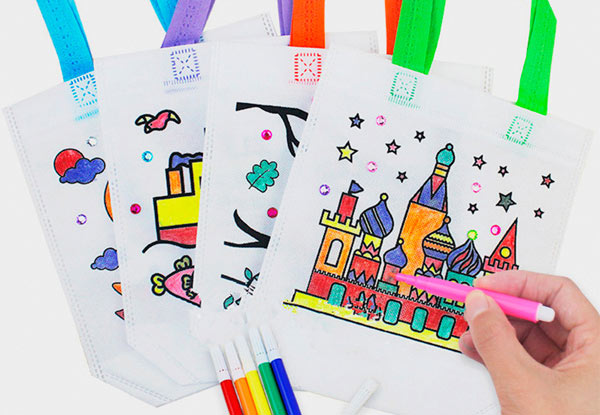 Pack of Four of Colour-Your-Own Tote Bags with Colouring Pens - Two Options Available