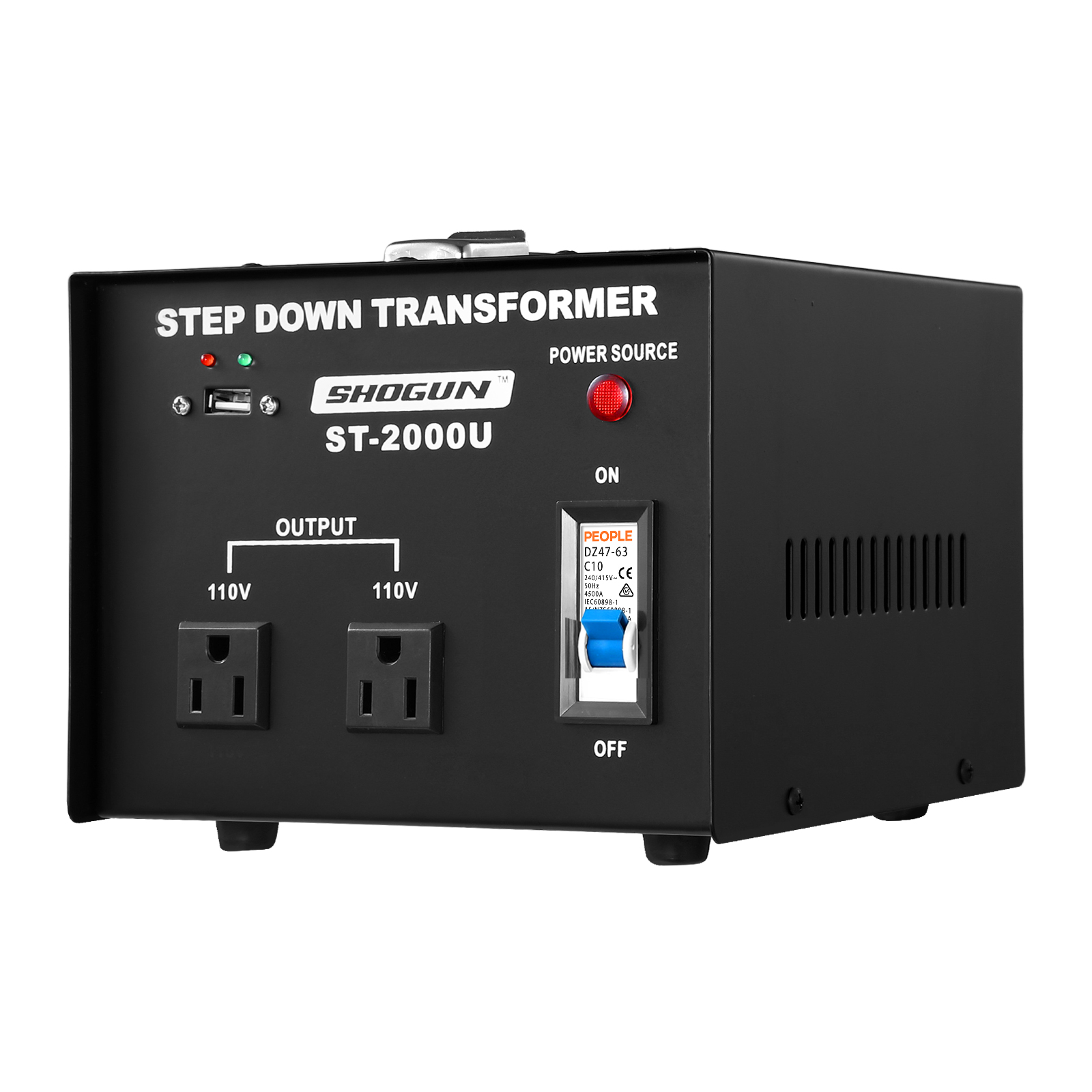 Step Down 240V-110V 2000W Transformer AU to US with Two AC Output Sockets & 5V USB Port