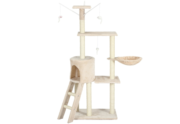 138cm Cat Gym Scratching Post Tree Tower with Cat Condo Hanging Toys Ladder