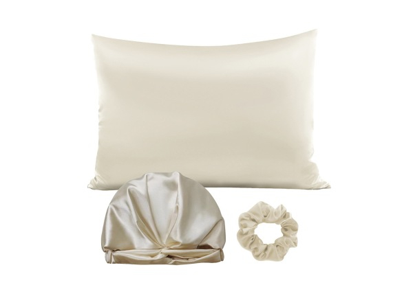 Three-Piece Sleeping Bonnet Hair Scrunchy Satin Set Incl. Pillowcase - Four Colours Available