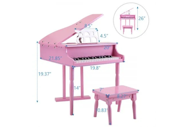 Melodic 30-Key Children's Grand Piano Wooden Toy with Bench Music Stand - Three Colours Available