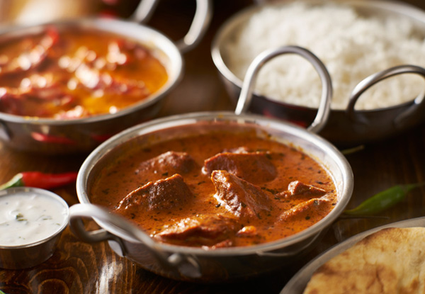 Two Curries, Rice, Naans, Poppadums & Soft Drinks for Two People - Lunch Only