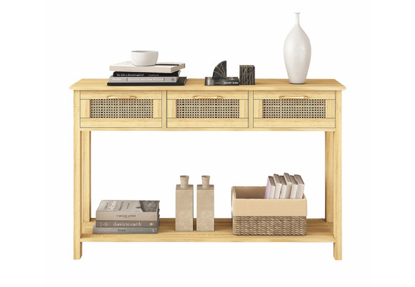 Narrow Console Table with Three Rattan Drawers