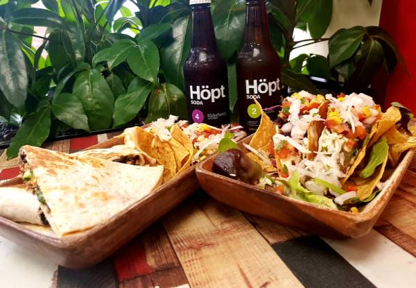 Choose One Quesadilla to Share, Two Tacos & Two Hopt Sodas for Two People - Lunch or Dinner, Dine In or Takeaway