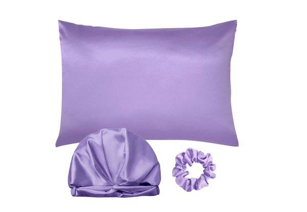 Three-Piece Sleeping Bonnet Hair Scrunchy Satin Set Incl. Pillowcase - Four Colours Available