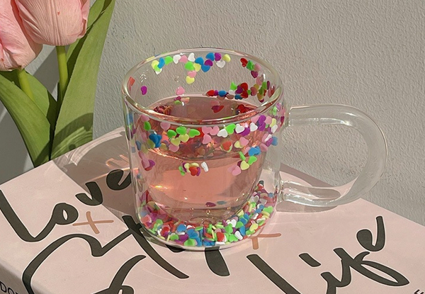 Double Wall Glass Cup with Colourful Granule Fillings - Available in Two Colours & Option for Two-Pack