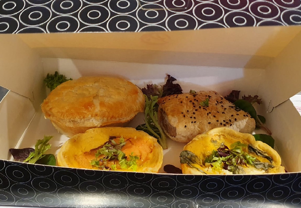 Four-Pack Savoury Box incl. Pie, Quiche, Sausage Roll & Chicken Filo Bake - Option for Eight-Pack - Pick Up or Delivery