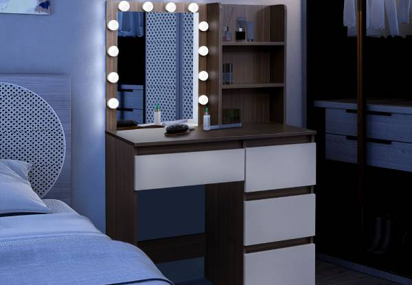 12 LED Mirror Vanity Dressing Table with Four Drawers & Three Compartments