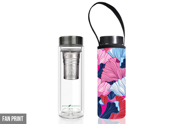 BBBYO 500ml Glass in Greener Double Wall Thermal Tea Flask with Carry Cover - Five Styles Available