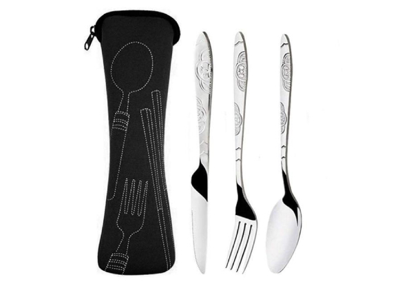 Three-Piece Portable Travel Camping Stainless Steel Cutlery Set with Bag - Available in Four Colours