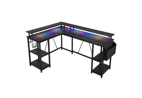 L-Shaped Gaming Desk Table with LED Lights & Storage Shelves