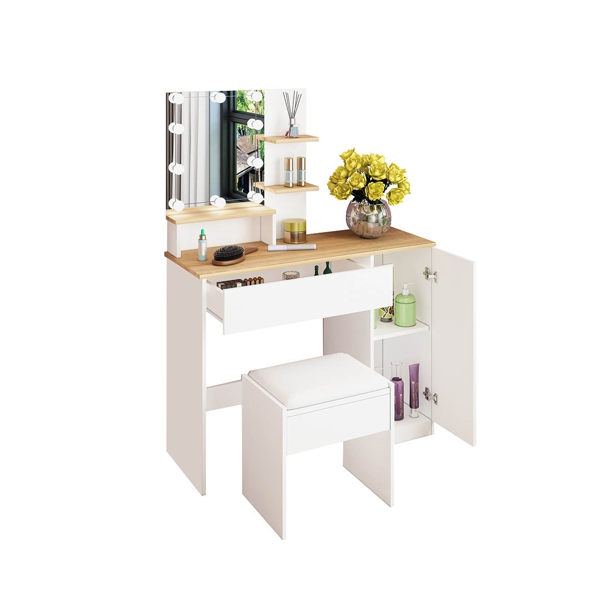 White Makeup Vanity Table with Stool, Mirror & LED Lights