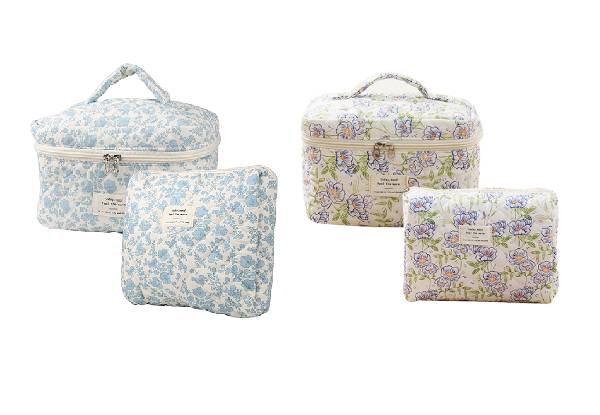 Two-Piece Quilted Floral Travel Makeup Bag Set - Eight Colours Available