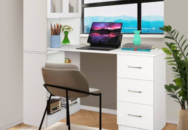 Three-in-One Computer Desk & Bookshelf with Cabinet