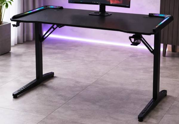 Gaming Desk with LED Light & Phone Stand