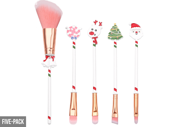 Five-Pack of Christmas Themed Makeup Brushes Set - Option for Six-Pack