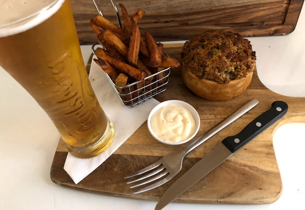 Introducing the Hāngi Pie Served with Kumara Chips, a Cold Glass of Carlsberg and Traditional Steam Pudding with Custard & Cream