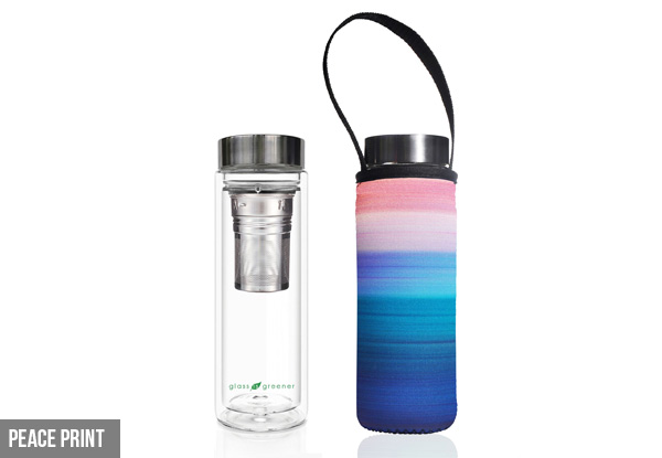 BBBYO 500ml Glass in Greener Double Wall Thermal Tea Flask with Carry Cover - Five Styles Available