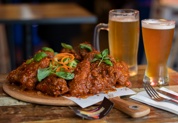 Arcades Signature Fried Chicken Wings, Popcorn Chicken Skin & Two Arcade Brand Lagers for Two People