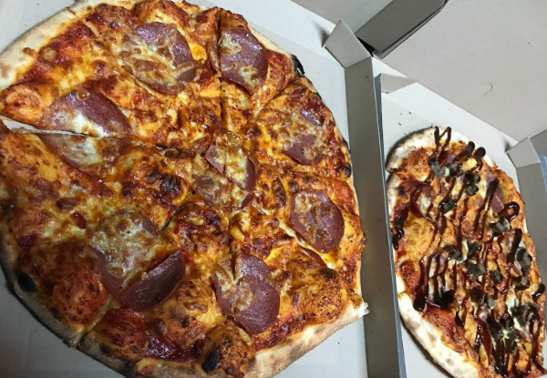 Two Takeaway 12-inch NYC Style Wood Fire Pizzas & Two Cans of Soft Drink - Option for Four Pizzas & Four Cans Available