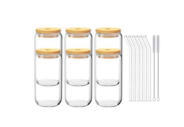 Six-Pack Drinking Glass Cup Incl. Bamboo Lid & Straw Set