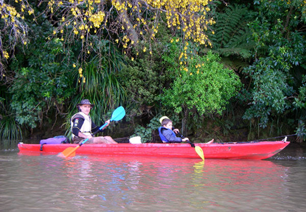 Full Day Kayak Hire incl. Life Jacket & Safety Gear on the Hoteo River for One Person - Options for Two People in a Double Kayak, or Two Adults & One/Two Children in a Canadian Kayak