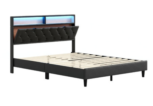 Wooden LED Bed Frame with Storage & Headboard - Two Sizes Available