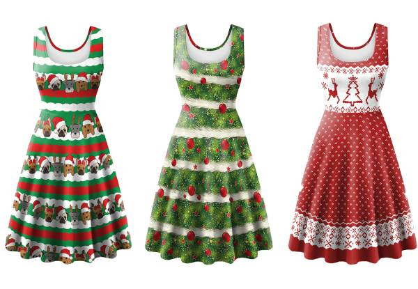 Women's Sleeveless Christmas Print Dress - Available in Three Styles & Four Sizes