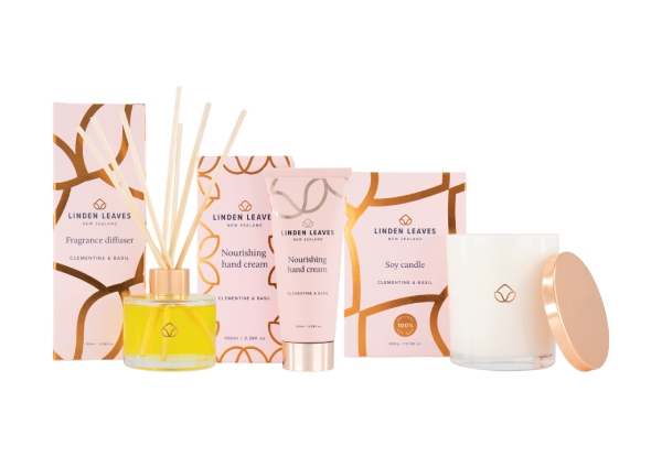 Linden Leaves Clementine & Basil Candle, Diffuser & Hand Cream Set