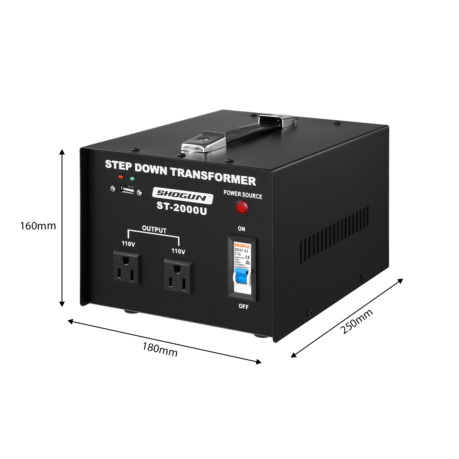 Step Down 240V-110V 2000W Transformer AU to US with Two AC Output Sockets & 5V USB Port