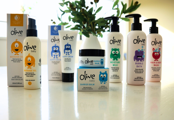 Olive Baby Skincare Set incl. Hair & Body Wash, Massage Oil, Moisture Milk, Nappy Cream, Barrier Balm & Bubble Bath