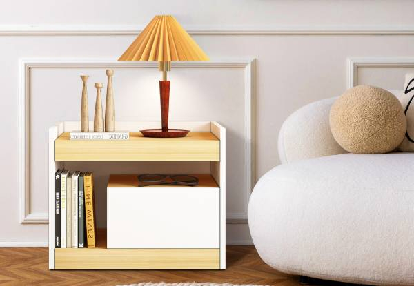 White & Oak Bedside Table with Storage Drawer