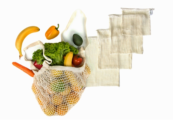 Five-Pack of Organic String Produce Bags - Incl. Cotton Fairtrade String Bag with Option for Long or Short handles