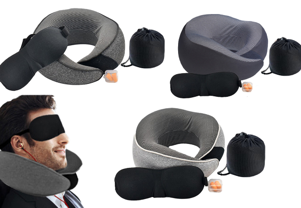 Travel Pillow with Eye Mask & Earplugs - Available in Three Colours, Option for Two-Pack