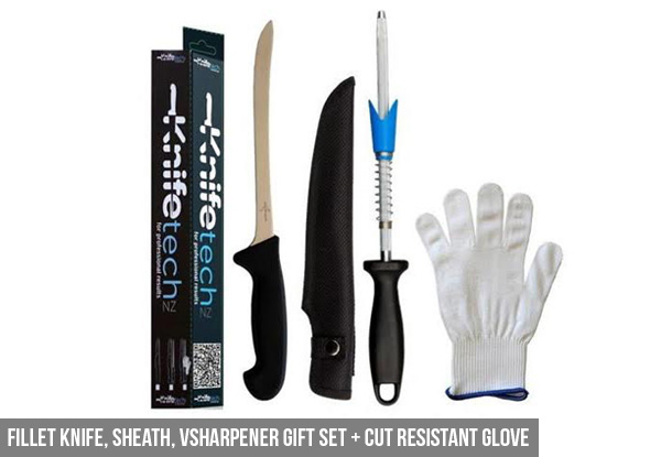 Fillet Knife, Sheath & VSharpener Gift Set - Option to incl. Cut Resistant Glove