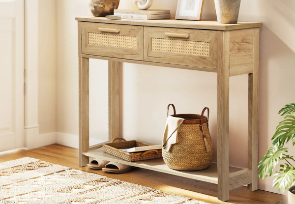 Narrow Hallway Console Table with Two Rattan Drawers