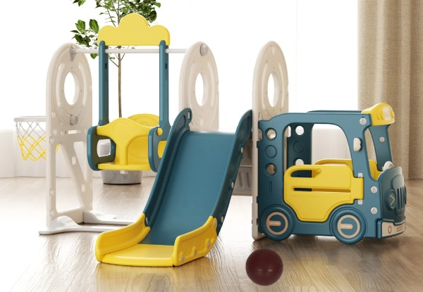 Five-in-One Kids Slide Swing Set with Bus Playhouse - Three Colours Available