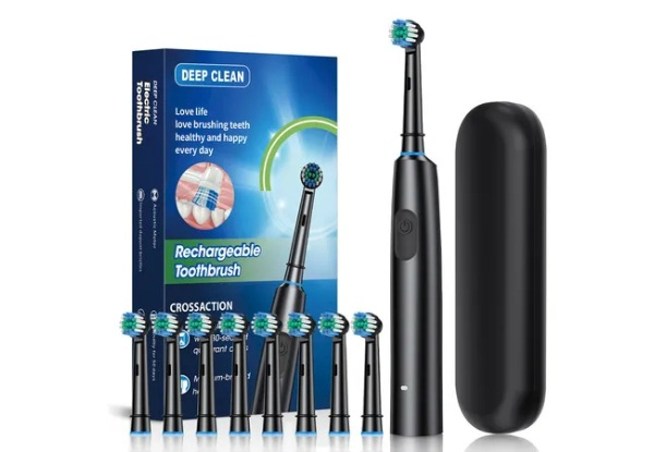 Rechargeable Rotary Electric Toothbrush with Eight Replacement Heads - Two Colours Available