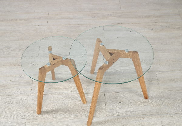Two-Piece Paris Glass Side Table Set with Solid Oak Legs